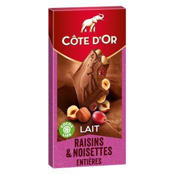 Tablette chocolat Côte d'Or Lait raisin/noisettes - 180g